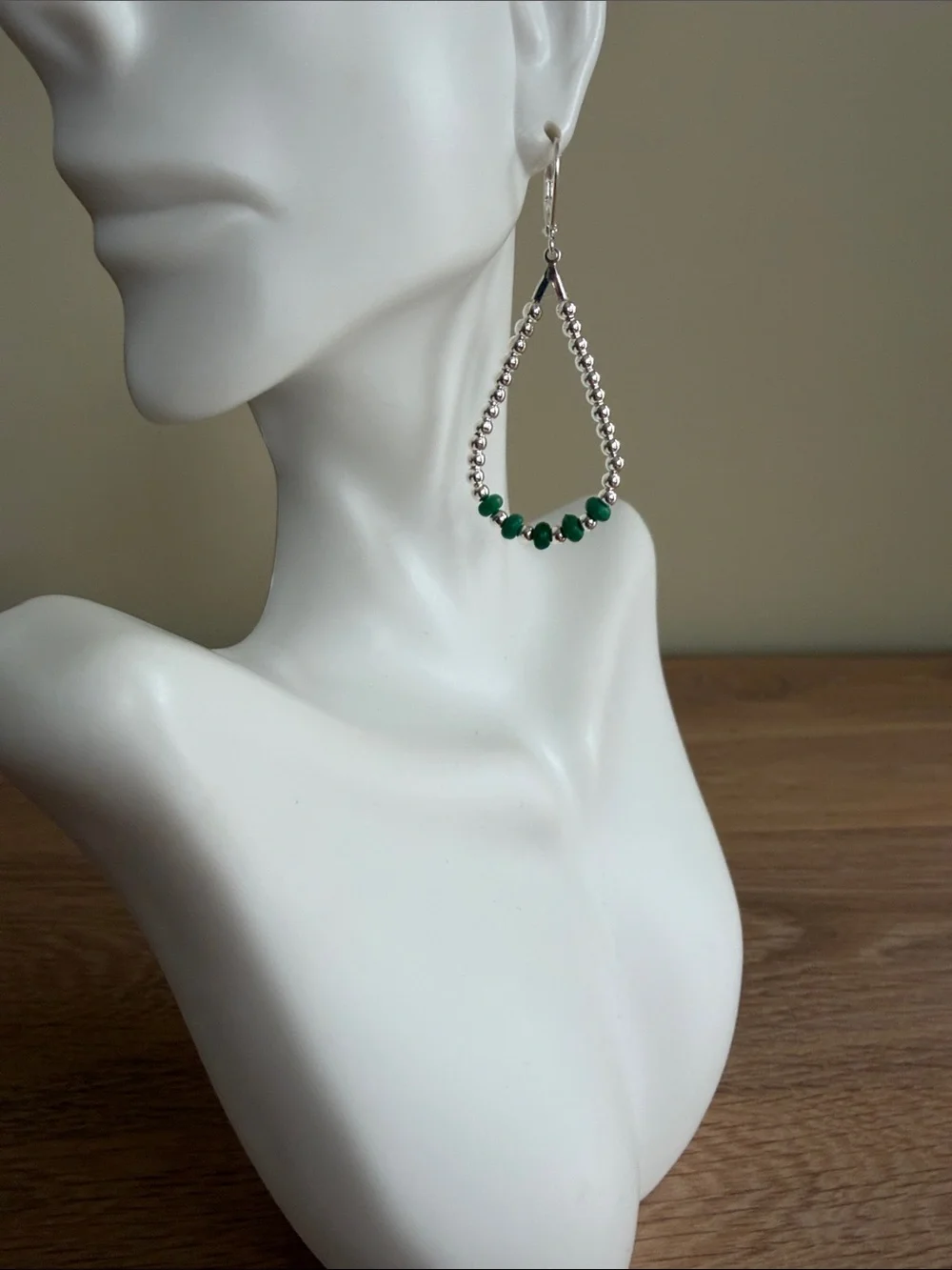 HAND CRAFTED GREEN APPLE TURQUOISE & SILVER TEARDROP HOOP EARRINGS